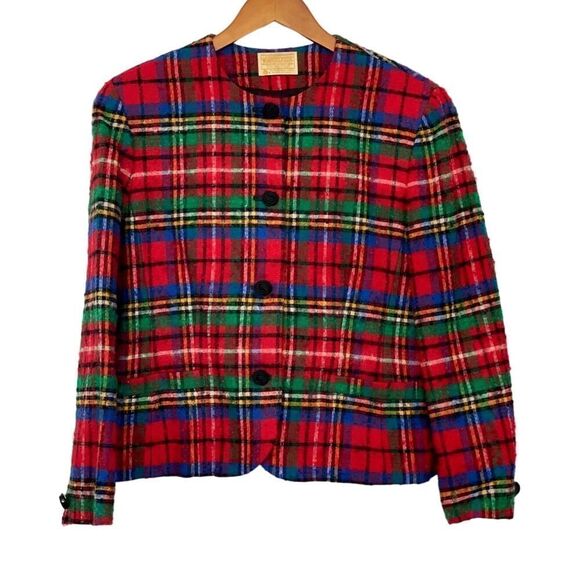 Vintage Pendleton Blazer 70s Women's Size 12 Wool Red Blue Green Plaid Holiday - Picture 1 of 12